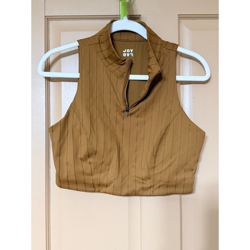 JoyLab Womens Quarter Zip Pinstripe Crop Top Ochre Brown Sleeveless Active XL